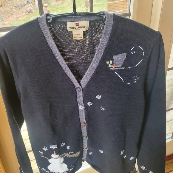 Woolrich Embellished Snowman Wool Black Long Sleeve Sz. S Sweater Cardigan - Picture 3 of 7
